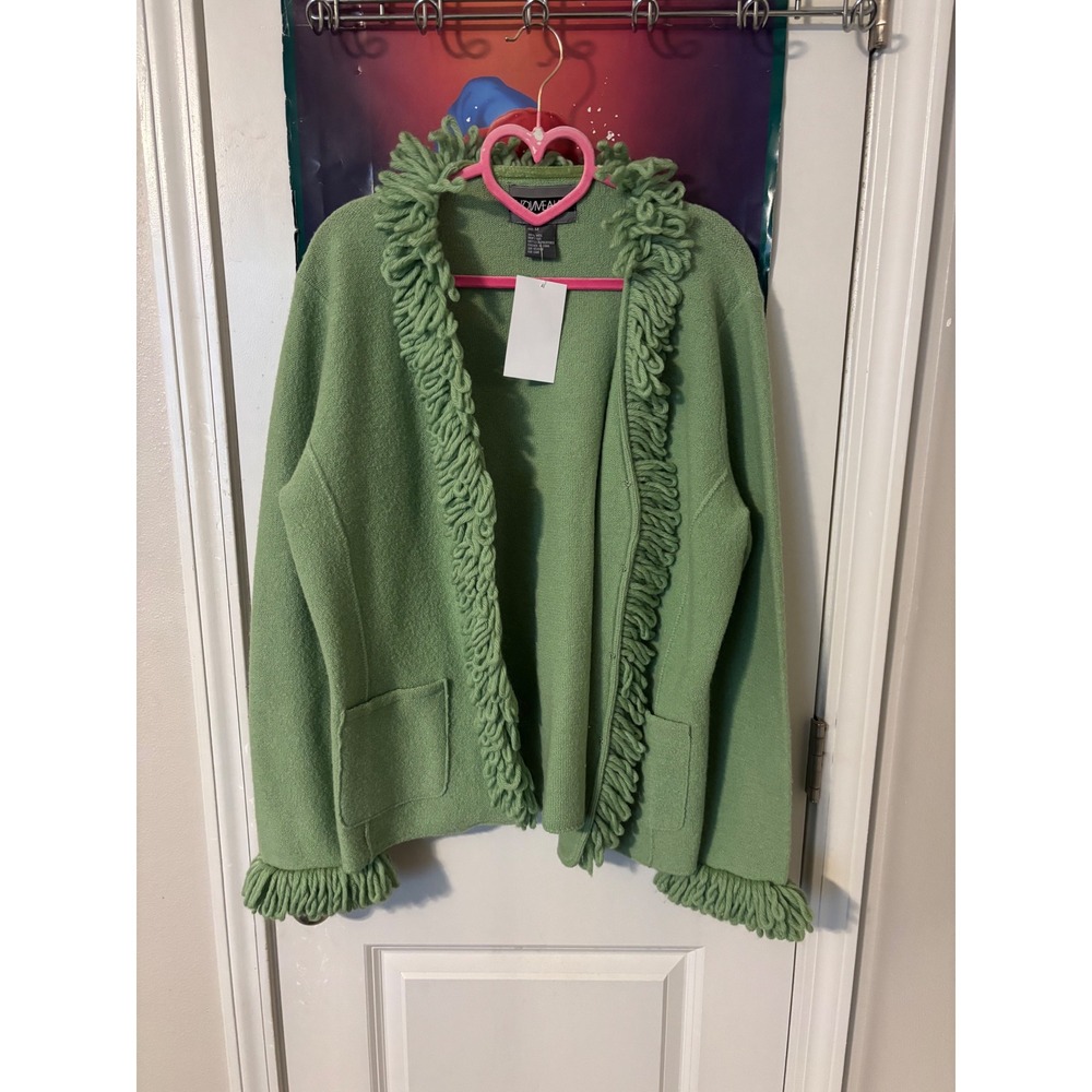 Nouveaux Green 100% Wool Loopy Fringe Trim Open Front Cardigan Sweater y2k M